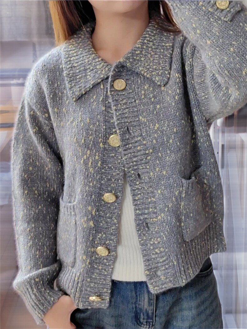 翻领金豆开衫，女装针织衫/毛衣，米田羊绒