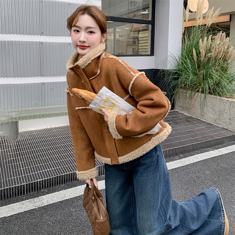 2024年冬季新款立领三角扣宽松短款保暖羊羔毛皮毛一体外套,女装羊羔毛/颗粒绒,流量+