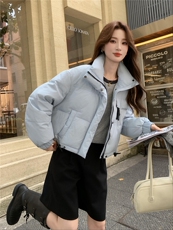 现货新款羽绒服女短款韩版立领简约加厚小个子高级感面包服外套潮，女装羽绒服，韩然一族