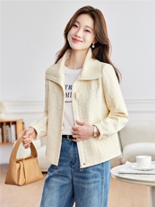 毛线大翻领块纹格刺绣新中式复古短外套上衣2026年春季，女装短外套，简韵佳