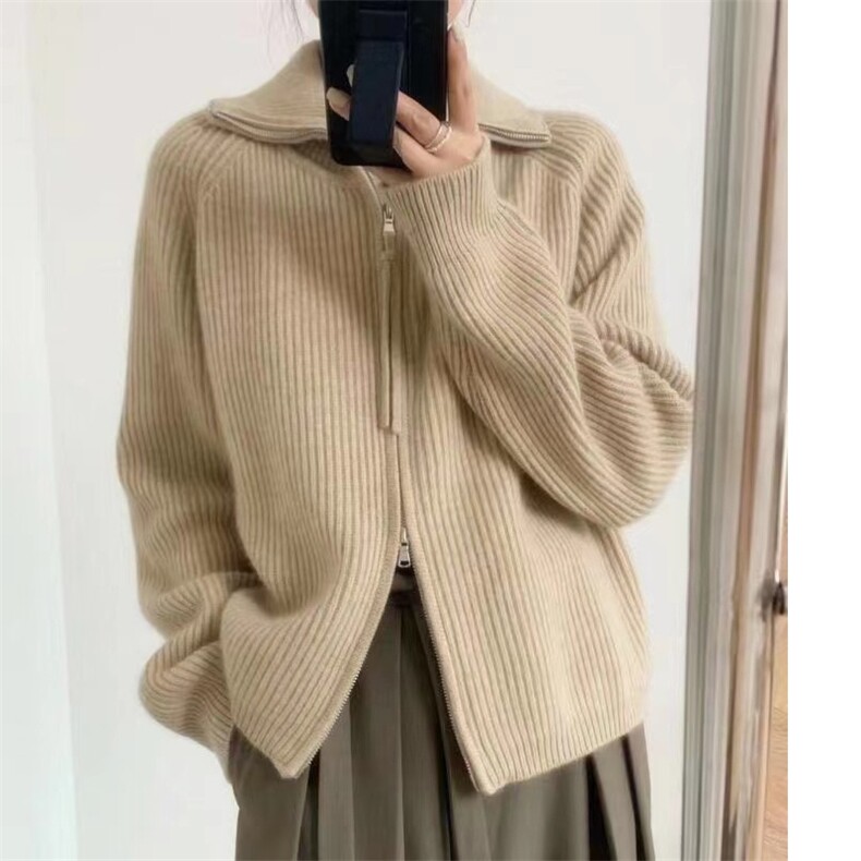 秋冬新款简约时尚百搭女款羊毛衫宽松显瘦元宝针拉链开衫,女装羊毛衫,悦玛羊绒