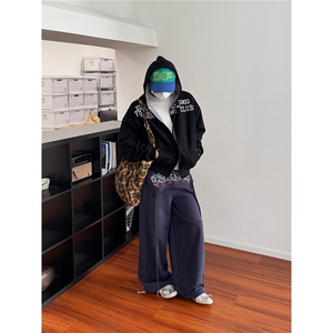 美式印花开衫连帽卫衣男女秋冬季新款潮松情侣拉链外套WY254 P58图片