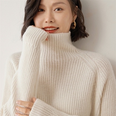 半高领毛衣女洋气秋冬季宽松纯色简约堆堆领35%羊绒衫，女装羊绒衫，雪山红莲