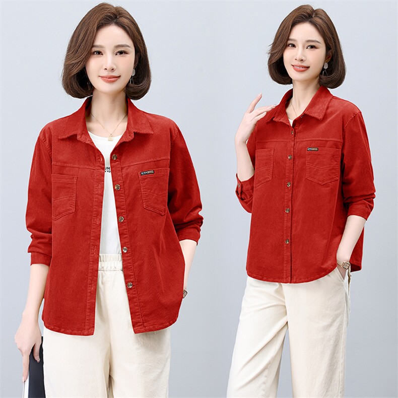 灯芯绒长袖衬衫女春秋新款大码宽松中年妈妈短款休闲衬衣外套，女装短外套，曼沙奕珂
