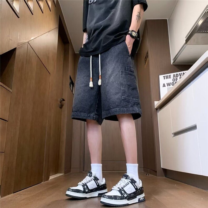 胖胖哥口袋系带牛仔短裤男夏季潮牌大码宽松阔腿裤痞帅风直筒裤子,男装牛仔裤,星座715-4