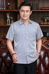 新款男士休闲中老年花纹夏季宽松大码衬衫上衣男装图片