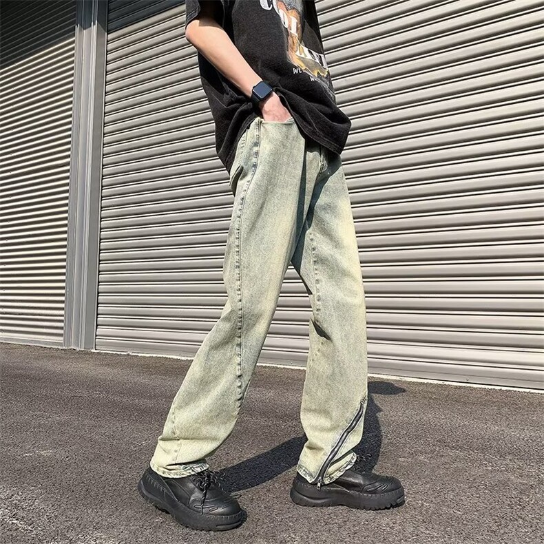 水洗长裤潮直脚牛仔裤气质日系宽松直筒拉链简约男青春流行夏季图片