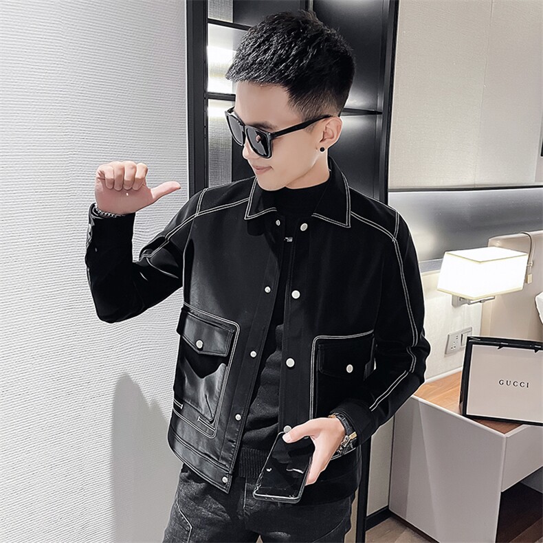 男士短款翻领设计感明线皮衣男潮流休闲夹克外套P2203-P115绒P125,男装夹克,电商A368
