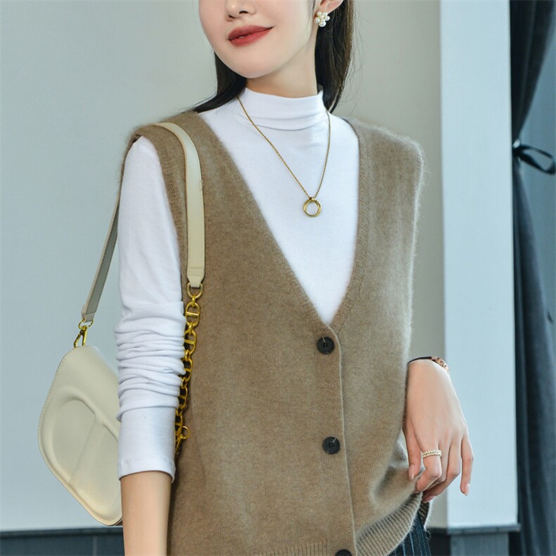早秋新款山羊绒针织背心女V领纯色马甲坎肩韩版时尚无袖开衫毛衣，女装马甲，兴泰羊绒
