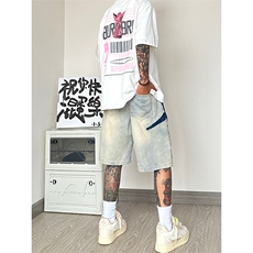 B221美式ins高街暗黑小众百搭牛仔短裤五分裤LK23090-P55控78，男装牛仔裤，电商B221