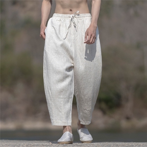 纯亚麻砂洗工艺夏季薄宽松小脚褶皱九分裤子男K28图片