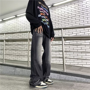 复古美式微喇叭牛仔裤男做旧休闲宽松直筒百搭潮流烟灰色拖地长裤图片