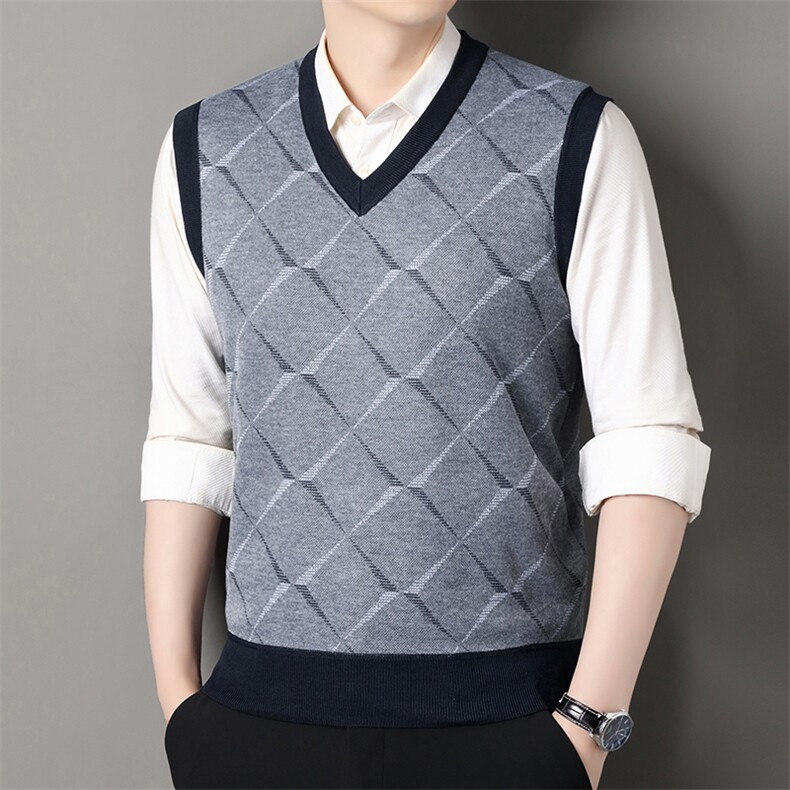 秋冬季加绒休闲爸爸装格子马甲套头宽松中老年款坎肩毛衣背心M30，男装针织衫/毛衣，星座1706