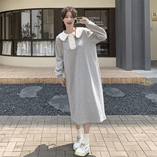 娃娃领刺绣小个子显高连衣裙2025新款女春秋松弛感直筒长袖卫衣裙，女装连衣裙，2C272