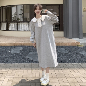 娃娃领刺绣小个子显高连衣裙2025新款女春秋松弛感直筒长袖卫衣裙图片