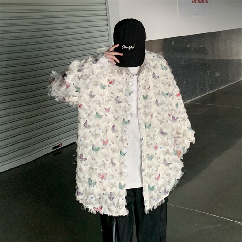 F254-P48 2024夏季新款美式慵懒风衬衣立体流苏蝴蝶长袖衬衫 现货图片
