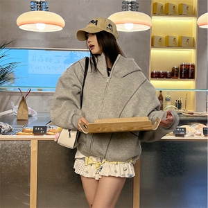 抖音得物高品质秋冬美式高街重磅结构辑明线纹理连帽卫衣外套W111图片