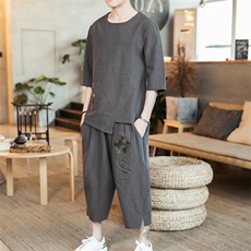 W61P75咖啡厅风圆领加大码潮流时尚七分宽松休闲套装，男装休闲套装，电商A026