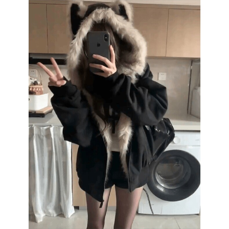 现货重磅硬挺boxy羽绒棉衣座山雕猫耳大毛毛领麂皮棉服冬外套,男装棉衣,电商A486-1