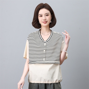 时尚条纹拼接短袖衬衫女宽松显瘦V领上衣夏季新款百搭休闲女装图片