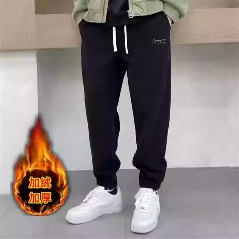 美式高街卫裤男宽松加绒加厚束脚运动裤侧边条纹裤子拼接休闲长裤图片