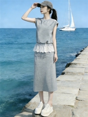 设计感时尚气质简约套装女夏新款蕾丝拼接无袖上衣半身长裙两件套，女装套装/套裙，江南