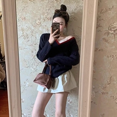 假两件撞色春季新款V领针织衫女设计感黑色内搭修身长袖打底上衣，男装T恤，星座218-8