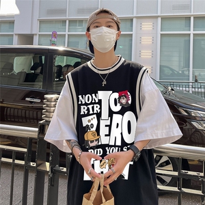 ！港风 23夏季时尚卡通假两件背心纯棉短袖T恤T6615 P40控58图片