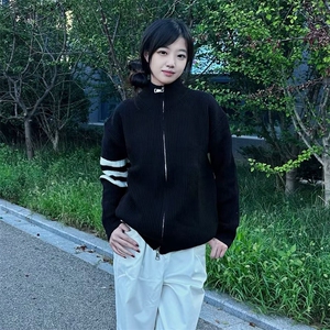 重磅秋冬北极绒开衫毛衣美式复古休闲慵懒风男女立领针织衫外套图片
