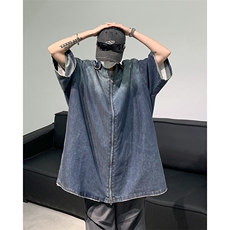 F305-P58夏季新款潮牌拉链短袖衬衫渐变水洗做旧牛仔衬，男装衬衫，星座512-6