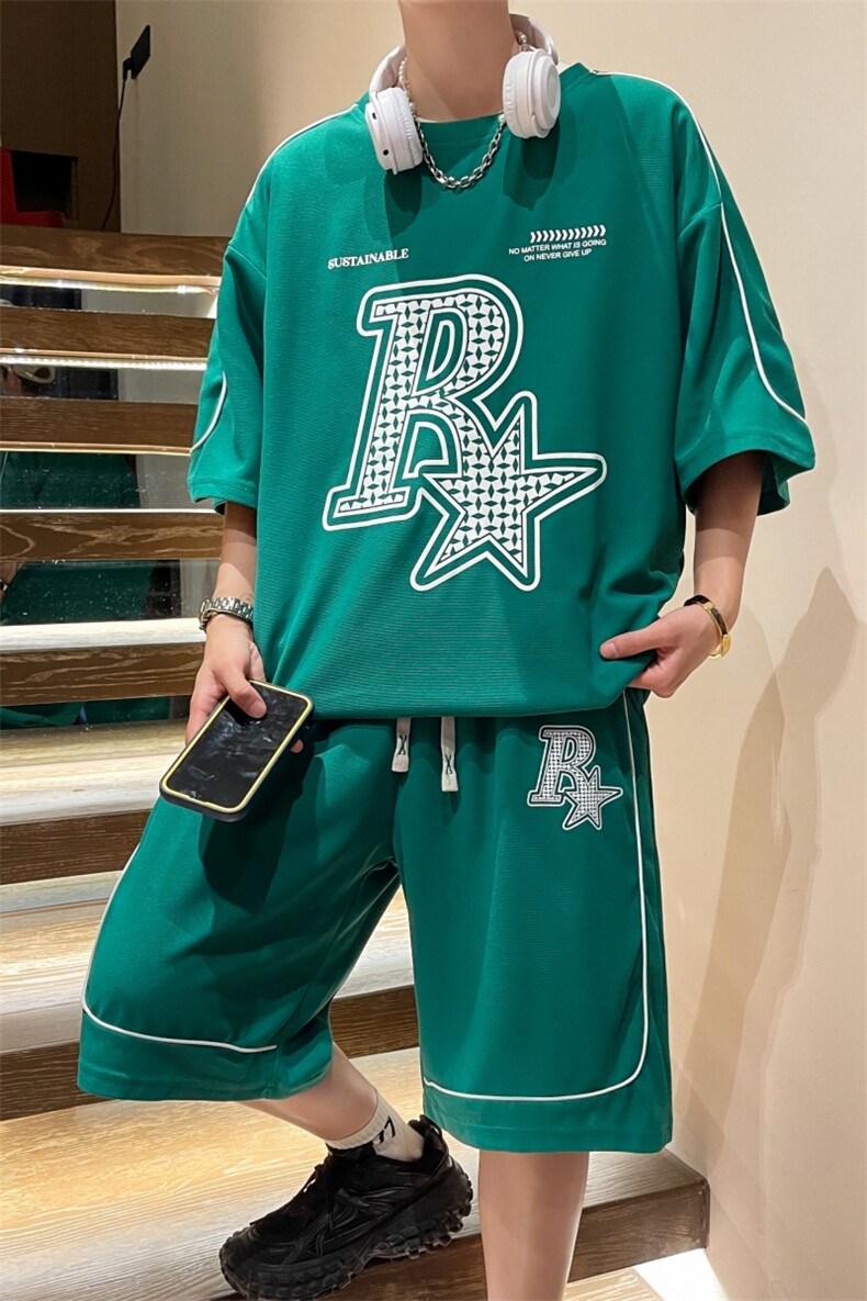 2023夏季华夫格套装男短袖T恤裤子两件套情侣装潮流男装TZ352P60,男装休闲套装,电商A086