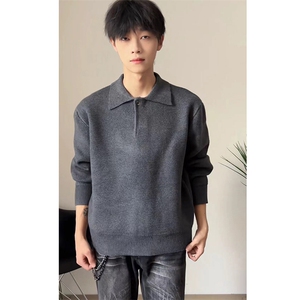 重磅秋冬北极绒亨利领毛衣开衫美式复古休闲慵懒风纯色翻领针织衫图片