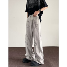 小众个性设计感休闲西裤男春季简约小标树枝印花美式复古阔腿裤子，男装西裤，星座1013