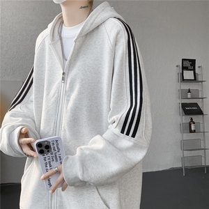 8XL-M秋冬美式运动三条杠条纹开衫卫衣连帽特大码宽松JK5206/P65图片
