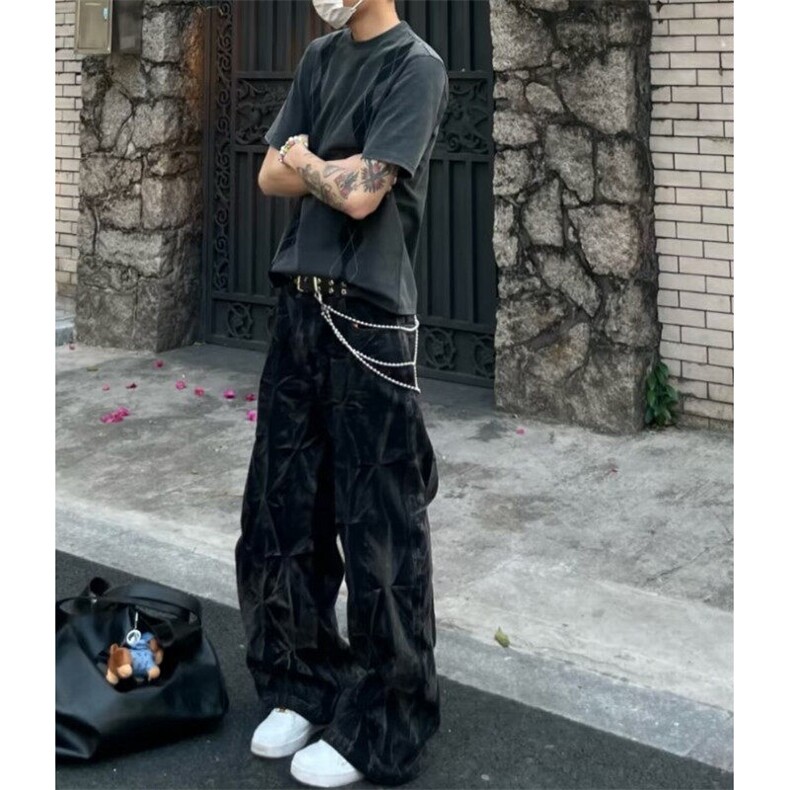 美式复古黑扎染褶皱水洗做旧直筒牛仔裤男宽松cleanfit阔腿裤,男装牛仔裤,星座601-1