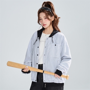 拼接格纹连帽假两件夹克女春季宽松休闲百搭外套XZ309 JK8016 P83图片