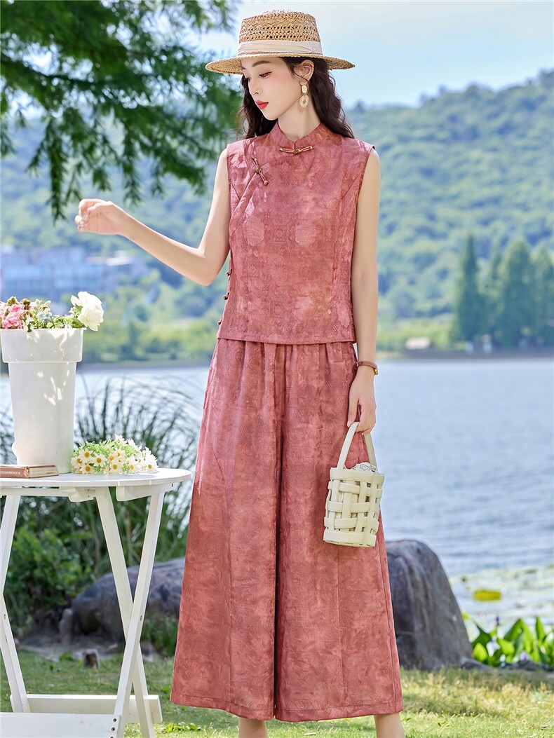 现货2026夏季新中式老钱风提花新款套装两件套,女装套装/套裙,伊仟回