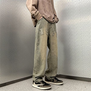 春款刺绣水洗做旧牛仔裤男宽松直筒美式高街长裤子复古N08139-P45图片