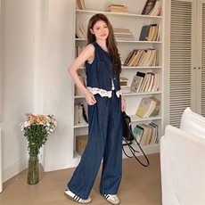 韩版蕾丝拼接牛仔套装女2025夏季新款超好看马甲高腰阔腿裤两件套，女装套装/套裙，2C108
