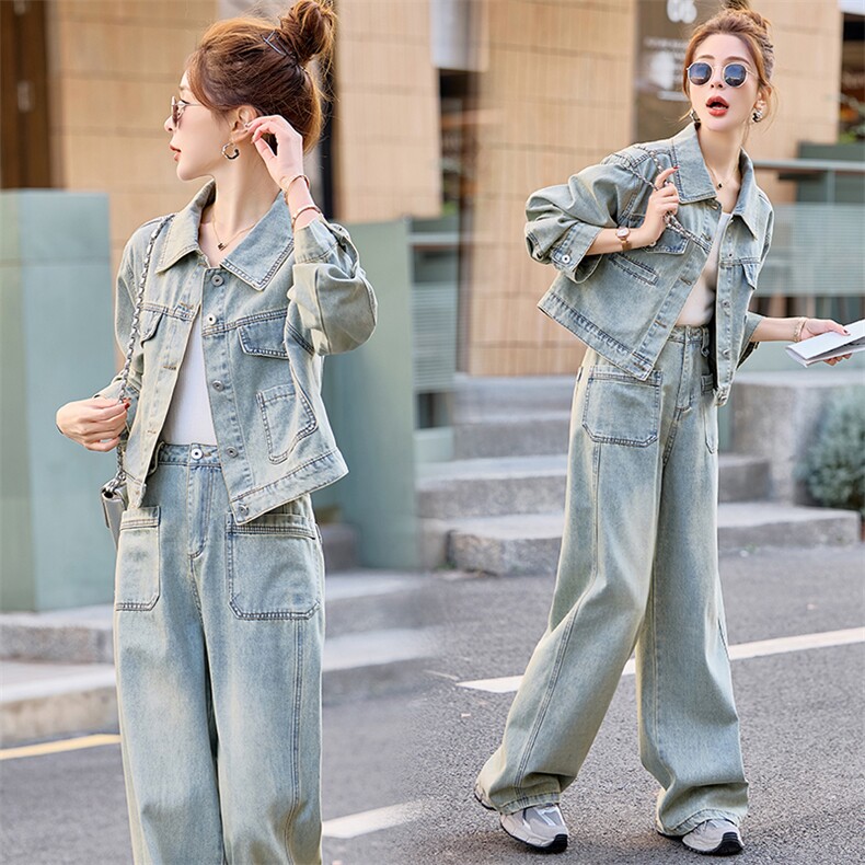 （新款现货）2026春秋高级感时尚休闲复古牛仔阔腿裤套装两件套，女装套装/套裙，印象茜