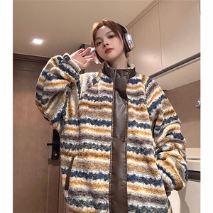 eq349 设计感PU皮拼接撞色羊羔毛外套男女情侣装冬季加厚棉衣图片
