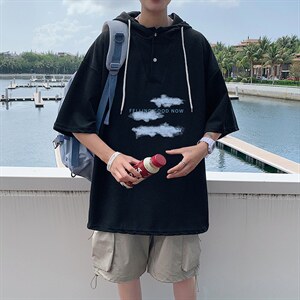 LD54143-P45 连帽短袖t恤男大码胖子带帽五分袖中袖图片
