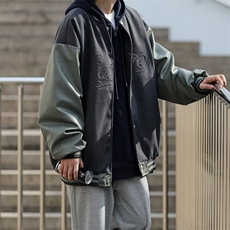 日系街头PU皮拼接棒球服男2022潮牌复古宽松情侣休闲百搭外套，男装夹克，星座716-4