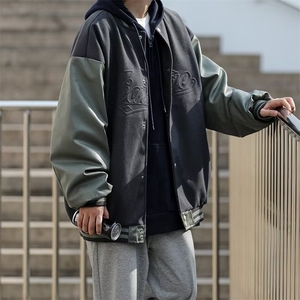 日系街头PU皮拼接棒球服男2022潮牌复古宽松情侣休闲百搭外套图片