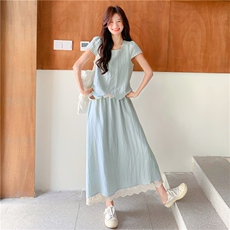 韩版蕾丝拼接上衣半身裙套装女2025夏季新款甜美显瘦超好看两件套，女装套装/套裙，2C118