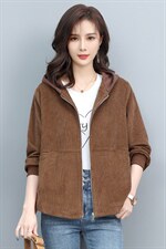 长期大货现货，春装新款连帽灯芯绒休闲女装长袖棉短外套上衣女，女装短外套，涵誉