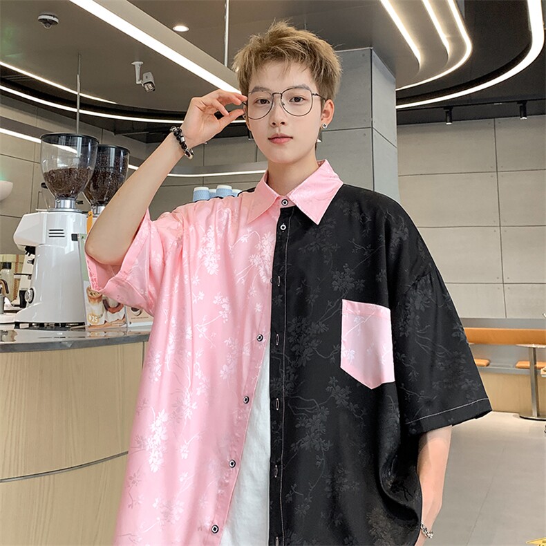 冰丝提花衬衫双拼色短袖港风休闲上衣XZ907-P30-控48，男装衬衫，星座907