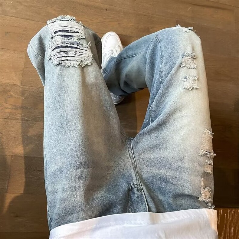 美式高街夏季破洞补丁假破洞牛仔裤男宽松直筒显瘦百搭长裤ins潮，男装牛仔裤，星座410-7