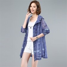 薄款印花防晒衣女式中长款夏季2025新款防紫外线连帽透气冰丝外套，女装防晒衣，依倍林