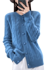 100%纯羊毛针织开衫女圆领麻花针织长袖毛衣宽松羊绒衫外套，女装羊毛衫，哲奥羊绒